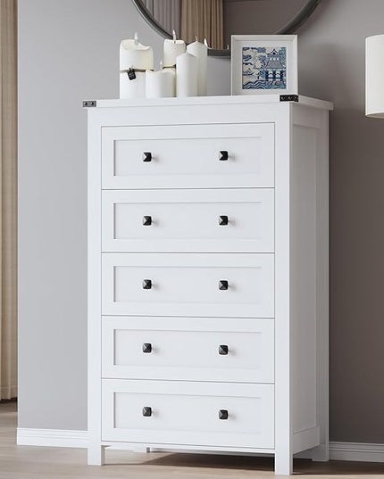BORNOON Tall 5-Drawer Dresser, Modern Wooden Storage Chest of Drawers, Dresser TV Stand, Wood Drawer Organizer with Metal Handles for Bedroom, Living Room, Hallway