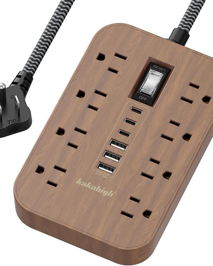Walnut Power Strip with USB Ports - 5 FT Wood Power Strip, 1625W Decorative Extension Cord with 6 AC Outlet 3 USB, for Brown Tan Wood Walnut Grain Aesthetic Vintage Rustic Desk Accessories Decor