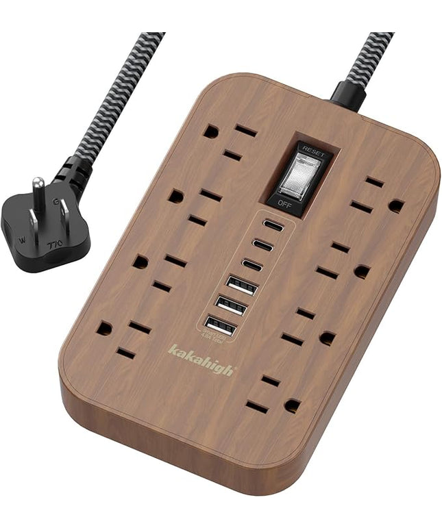 Walnut Power Strip with USB Ports - 5 FT Wood Power Strip, 1625W Decorative Extension Cord with 6 AC Outlet 3 USB, for Brown Tan Wood Walnut Grain Aesthetic Vintage Rustic Desk Accessories Decor