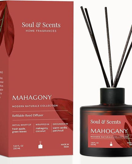 Soul & Scents Reed Diffuser Set – Mahogany | 7.43 oz Refillable Scented Oil with 6 Fiber Sticks | Long-Lasting Home Fragrance & Air Freshener for Bedroom, Bathroom, Office | Gift & Décor Piece