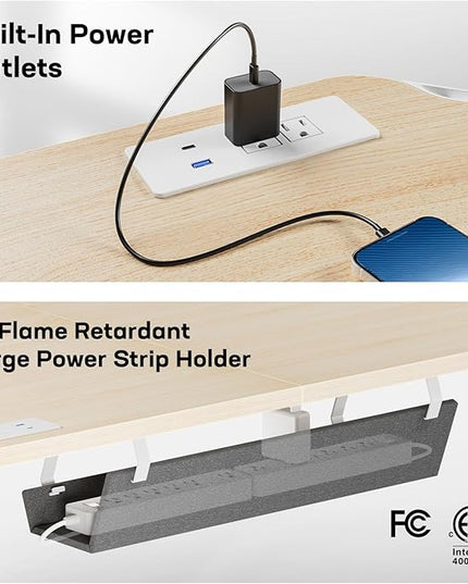 HUANUO 63″ Dual Motor L-Shaped Standing Desk, Built-in Power Outlets, Electric Height Adjustable Corner Computer Desk, Large Power Strip Holder, Sit Stand Up Desk with 3 Preset Heights, Natural Wood
