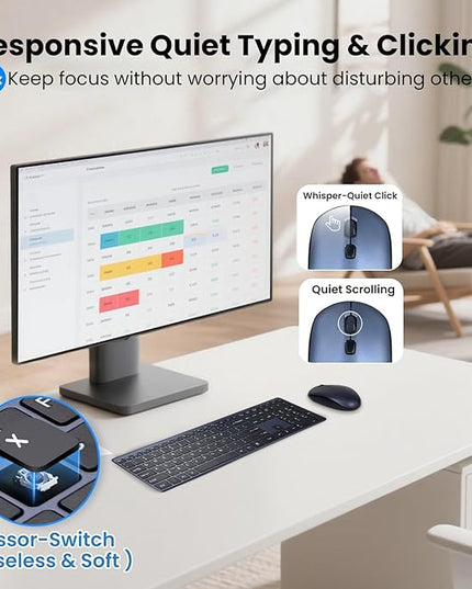 Wireless Keyboard and Mouse Combo,2.4G USB Ultra Slim Quiet Full Size Matte PC Computer Keyboard & Mice,3 DPI,19 Multimedia Key,Lag-Free Ergo,Long Battery Life for Desktop,Laptop,Smart TV,MAC,Windows
