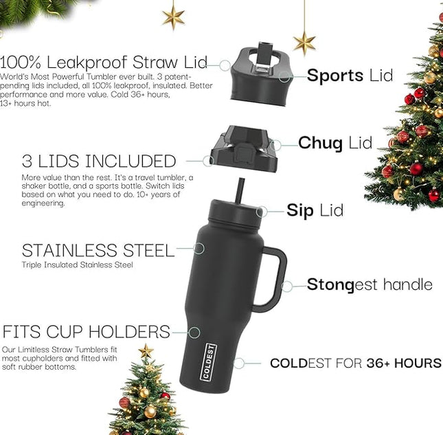 Coldest Tumbler with Handle and Straw, 100% Leak Proof Insulated Tumbler with Lid and Straw (3 Lids), Stainless Steel Tumblers for Women & Men, Cup Holder Friendly, 36 oz (Purple Checkers)