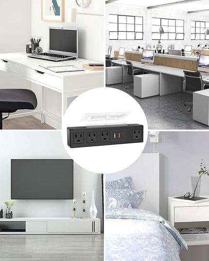 HHSOET Under Desk Power Strip with 3M Adhesive, Removable Under Desktop Mount Plug with Fast Charging USB C and USB A Ports, 4 Outlet Under Table Surge Protector 1200J, 6FT Extension Cord. (Black)