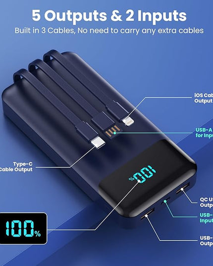 Portable Charger 40800mAh Power Bank with 3 Built-in Cable,PD 25W USB C in&Out Power Bank Fast Phone Charging,QC4.0 5 Output Travel Camping Essential Battery Pack for iPhone 17/16,Samsung Android-Navy