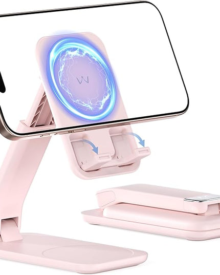 iWALK Magnetic Cell Phone Stand for Desk, Angle and Height Adjustable Mobile Phone Holder, Foldable Magnet Stand for iPhone 17 16 15 14 13 12 Pro Max and iPad, Cell Phone Holder for Samsung, Pink
