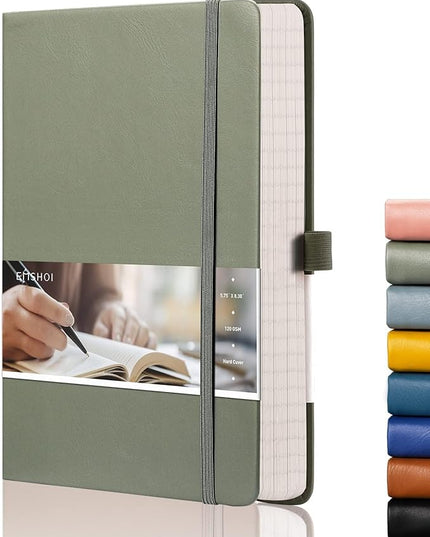 EMSHOI Notebook College Ruled - 256 Numbered Pages, 120 Gsm Thick Paper, A5 Hardcover Leather Lined Journal for Men & Women Work School Journaling Writing Diary 5.7" X 8.3"(Green)