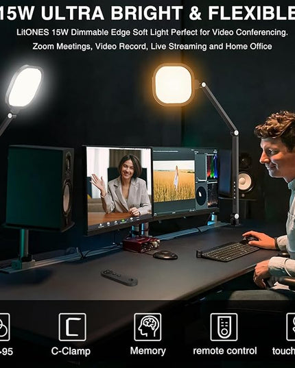Video Conference Lighting for Computer, Dimmable Light for Video Recording, Meeting, Laptop & Webcam, 15W Ring Light for Desk with C- Clamp, Swing Arm, Remote, Memory & Timer CRI >95