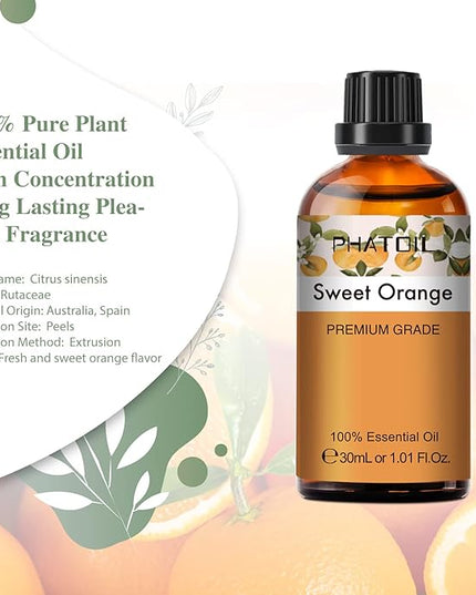 PHATOIL 30ML Sweet Orange Essential Oil, for Aromatherapy Diffusers, Humidifiers, Great for DIY Candle and Soap Making