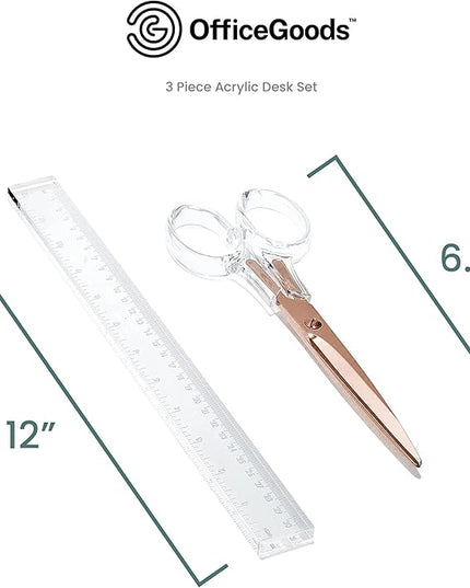 OfficeGoods 3 Piece Acrylic Desk Set - Includes Ruler, Staple Remover, Scissors - Functional & Elegant Desk Accessories - Stationery Tools for Home, Office, and School - Clear with Rose Gold Metal