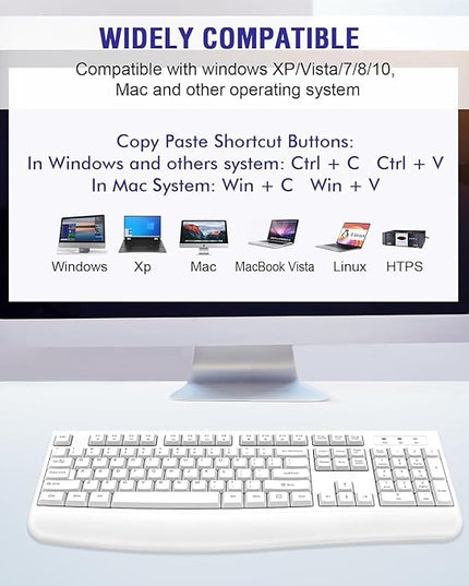 QUASIO Wireless Keyboard, 2.4G Full-Sized Ergonomic Wireless Computer Keyboard with Wrist Rest for Windows, Mac OS Laptop/PC/Desktop/Notebook(Off White)