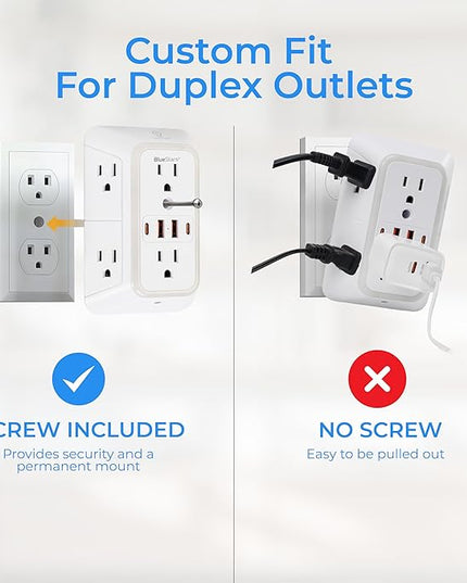 Wall Mount Power Strips Wall Charger 6 Outlet Extender 4 USB Ports (5V, 2.4A, 12W) and Night Light 3-Sided Power Strip with Adapter Spaced Outlets - Multi Plug Outlet Surge Protector for Home Office