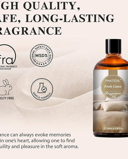 100ML/3.38fl.oz Fresh Linen Fragrance Oils, PHATOIL Fresh Linen Oil for Diffuser, Humidifier, Scented Oils for DIY Soap, Candle Making with Premium Glass Dropper