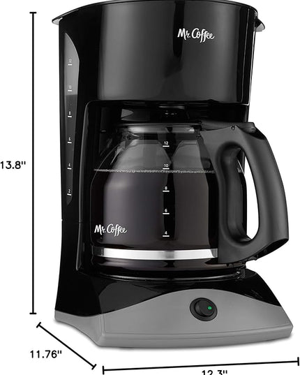 Mr. Coffee Black Coffee Maker, 12 Cups, with Auto Pause and Glass Carafe, Perfect for Home and Office Use