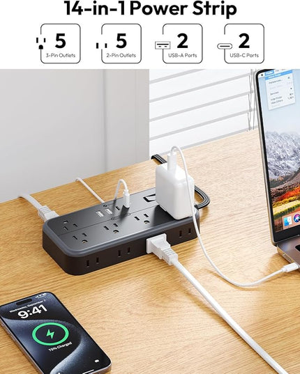 NTONPOWER 25 FT Extension Cord 10 Widely Spaced Outlets, 4 USB Port(2 USB C Port), Ultra Thin Flat Plug Extension Cords 25 Feet, Long Extension Cord for Home Office Garage, Black