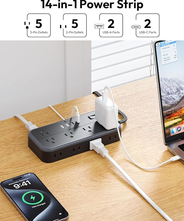 NTONPOWER Surge Protector Power Strip 5 Ft Cord, 10 Widely Spaced Outlets, 4 USB Port(2 USB C Port), Ultra Thin Flat Plug Extension Cord 5 Feet, 2700J Surge Protection for Home Office Garage, Black