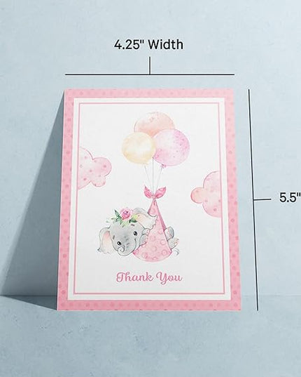 Twigs Baby Shower Thank You Cards with Envelopes - 12 Set Baby Shower Cards for Girl, New Baby Congratulations Cards, Welcome Baby Card, Made in the USA - Pink Elephant Designs, 5.5 x 4.25 Inch Size