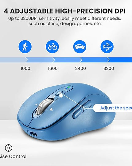 Wireless Bluetooth Mouse Rechargeable,USB+BT×2,Multi Device Quiet Ergo Computer Mouses,Metal 4-Way Super Scrolling,± 3200 DPI,10 Button,Plug&Play,Cordless Mice for Laptop,Tablet,Mac,iPad,PC,Phone-Blue