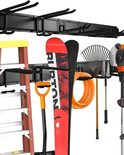 32‘’/48‘’ Garage Storage, Garage Organization, Garden Tool Organizer Wall Mount, 420lbs Adjustable Heavy Duty Metal Hanging Hooks, Yard Rack Hanger System Shovel Rake Broom Ladder Holder, Men Gift