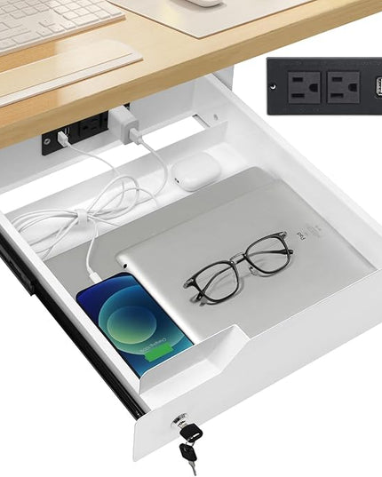 Lumil Under Desk Mounted Drawer Lockable with 3 Prong Extension Cord 10 FT with Multiple Outlets and Foldable Cable Management Arm for Office Desk 15.7" (W) x 15.7" (D) x 4.4" (H), White
