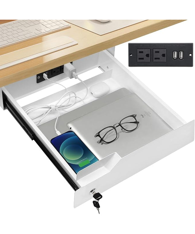 Lumil Under Desk Mounted Drawer Lockable with 3 Prong Extension Cord 10 FT with Multiple Outlets and Foldable Cable Management Arm for Office Desk 15.7" (W) x 15.7" (D) x 4.4" (H), White