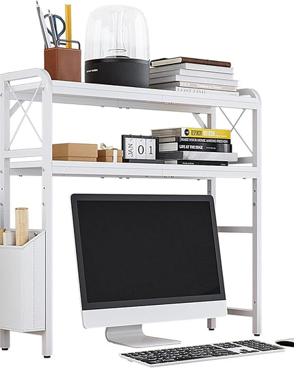 VERSASKY Desktop Shelves, Monitor Stand with Adjustable Shelves and Side Pockets, 2-Tier Desktop Bookshelf Organizer, Large Capacity Display Shelf Rack, Desk Hutch for Home Office, Study Room, White