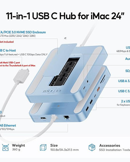 Upgraded 11 in 1 USB C Hub for iMac 24 inch USB Hub 2021 2023 2024 Support M.2 SSD (NOT Included), iMac Hub M1 M3 M4 Accessories, 4K HDMI, 2.5G Ethernet, 5 USB A/C Max 10Gbps, SD/TF - Blue