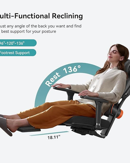 Newtral Ergonomic Office Chair with Fully Adaptive Lumbar Support, 136°Tilt Function, Computer Desk Chair with Soft 4D Armrest, Adjustable Headrest (Supreme Without Laptop Tray, Black)