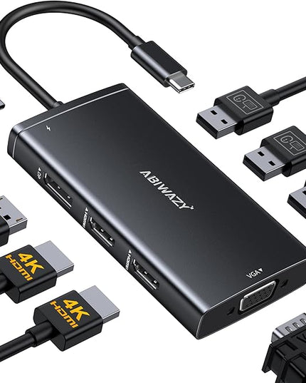 ABIWAZY USB C Docking Station Dual Monitor for HP Dell Lenovo Thinkpad Surface, 8 in 1 Computer Multiple Monitor Hub Adapter to Dual 4K HDMI,DisplayPort,VGA, 00W PD,3 USB for Windows Laptops(Black)