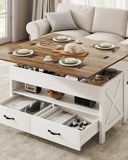 Marsail 40" Lift Top Coffee Table, 4 in 1 Coffee Table with Hidden Compartment, 1 Open Shelf and 2 Drawers, Multifunctional Farmhouse Center Table for Living Room and Home Office, Brown and White