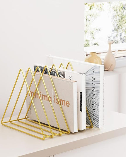 Urban Deco Triangle Desk Organizers Metal Wire Magazine Holder 7 Sections Decorative File Folder Organizer Vinyl Record Storage Office For Desk - Gold Magazine File Holder - Pack of 2