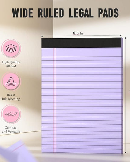 Colored Legal Pads, 3 Pack Writing Pads 8.5 x 11, Wide Ruled Legal Notepads, Lined Pads of Paper 8.5 x 11, Blue/Purple/Green Note Pads, 30 Sheets Per Legal Pads for School, College, Office, Home