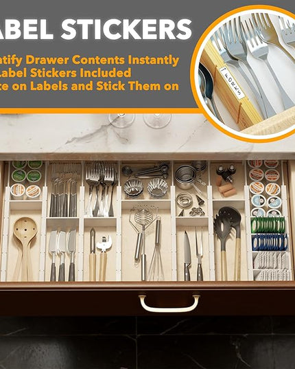 SpaceAid Bamboo Drawer Dividers with Inserts and Labels, Kitchen Adjustable Drawer Organizers, Expandable Organization for Home, Office, Dressers, 10 Dividers with 24 Inserts (17"-22" White)