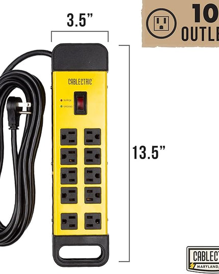 10 Outlet Heavy Duty Surge Protector Power Strip - Industrial Black and Yellow Metal Surge Protector with 15 Foot Extension Cord | Cablectric is an American Owned Brand