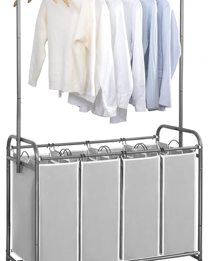 STORAGE MANIAC Laundry Sorter with Hanging Bar, Portable, Removable Laundry Hamper Cart with Heavy Duty Rolling Lockable Wheels and Removable Bags, Rolling Laundry Basket Organizer 181L, 4 Section