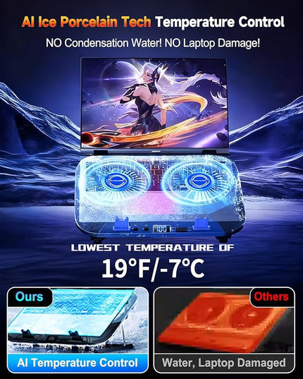 2026 Upgraded Laptop Cooling Pad with Dual TEC Cooler, Gaming Laptop Cooler, 2 Powerful Turbo Fans, Fast Cooling Laptop 12-21in, 5 Height Stands, 100 Gear Speed Adjust, LCD Screen, RGB, Phone Holder