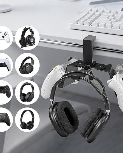3-in-1 Game Controller&Headphone All Metal Stand Under Desk, Game Controller&Headset Holder, Backpack Hook Under Desk,Clamp Hook for Gaming PC Accessories,Black