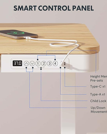 FLEXISPOT Comhar Electric Standing Desk with Drawer Desktop & Adjustable Frame w/USB Charge Ports (Bamboo-Look Laminate/White, Wood)