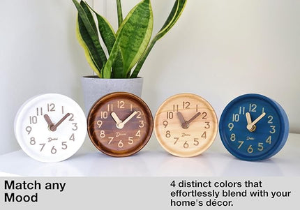 Driini Wooden Analog Desktop Clock – 4.3 in. Decorative Pinewood, No-Tick Design – Easy to Read Silent Sweep Mantle Clock – Quiet Tabletop Clocks with Wood Body, Hands, & Battery Cover; Dark