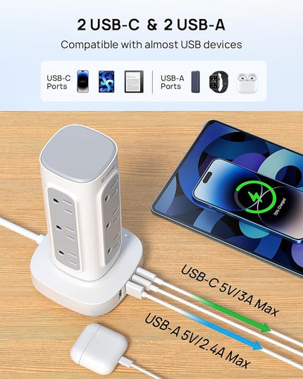 TROND Surge Protector Power Strip Tower - 15ft Flat Plug Extension Cord with Multiple Outlets, 4 USB Ports, Vertical Charging Station, 1700 J, Home Office Desk Supplies, Dorm Room Essentials, White