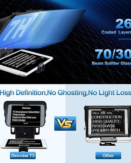 Desview T3 Portable Teleprompter for iPad Tablet iPhone up to 10 inch High Definition 70/30 Beam Splitter Glass with Remote Control for DSLR Camera Smartphone Video Recording (9 Lens Adapter Ring)
