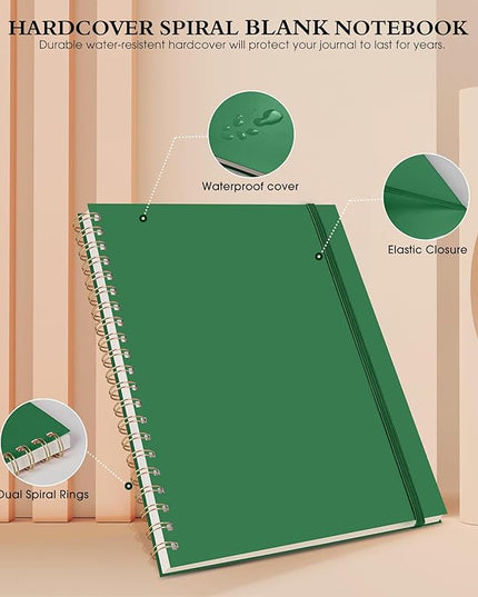 Blank Spiral Notebook Journal 8.5” x 11”, A4 Large Sketch Book for Women Men, 100 GSM Blank Paper Drawing Notebook, Plastic Hardcover Spiral Bound Sketchbook for Sketching Work School Writing, Green