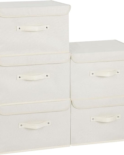 Fabric Storage Bins Cube Organizers with Flip-Top Lid and Handles,Storage Boxes for Organizing Home,Office,and Closet,Beige,5 Pack 15 x 9.8 x 9.8 in