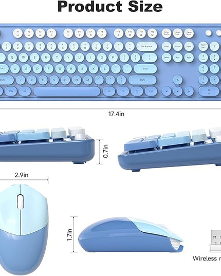 MOFII Wireless Keyboard and Mouse Combo, Full Size 2.4G Plug and Play Typewriter Retro Round Computer Keyboard and Mouse Set for Windows, Computer, Desktop, PC, Notebook - (Blue Gradient)