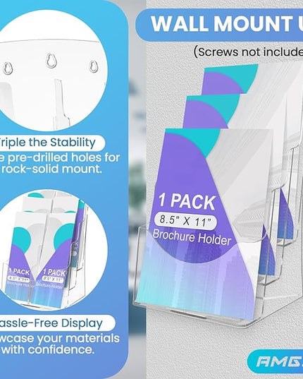 3 Tier Brochure Stand - Acrylic Literature Holder with Removable Divider for 4' x 9' Brochure, Clear Flyer Holder Pamphlet Display Stand