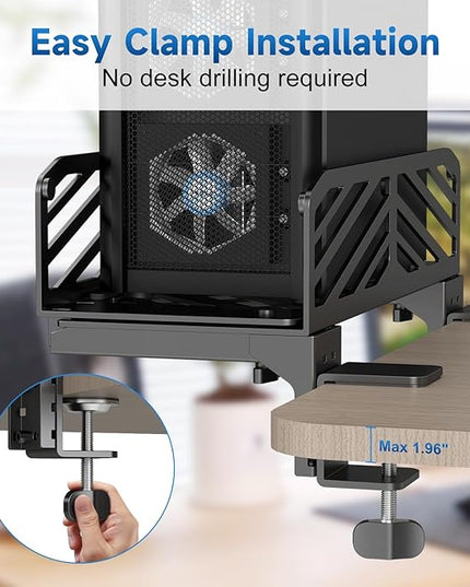 Suptek Clamp-on Desk Extender PC Desk Mount Holder,Standard and Large Gaming Computer Case Stand, Adjustable Width PC Mount, Black
