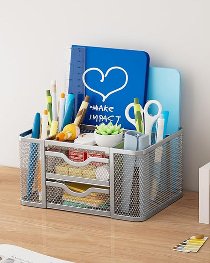 Marbrasse Mesh Desk Organizer, Pen Organizer with 2 Drawer, Multi-Functional Pencil Holder, Desk Organizers and Accessories with 5 Compartments + Drawer for Office Art Supplies (Silver)