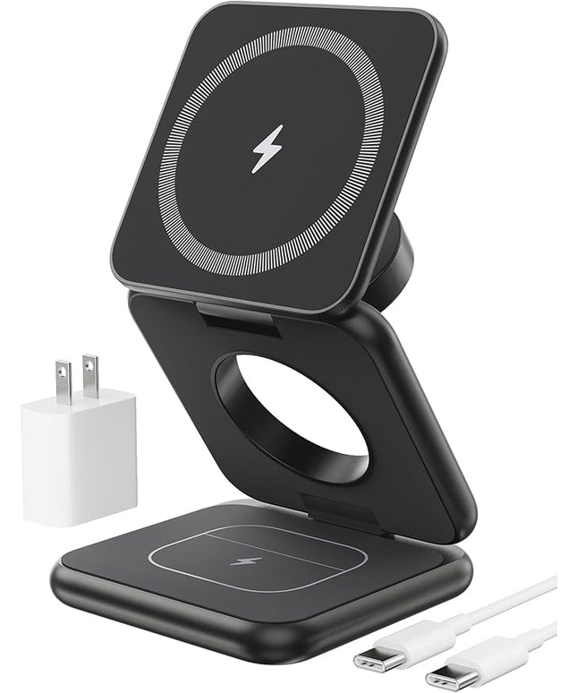 Foldable Magnetic Wireless Charger, KU XIU X40 Aluminum Alloy 3 in 1 Charging Station for Apple, Fast Charging Travel Charger for iPhone 17 16 15 14 13 12, 5W for Apple Watch & AirPods, Black