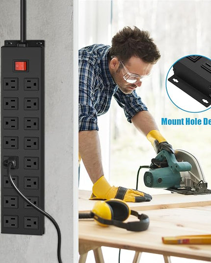 HHSOET Metal 16 Outlet Mountable Power Strip, Wall Mount Garage Workbench Socket, Gaming Table Surge Protector with 6 FT Power Cord.(Black)