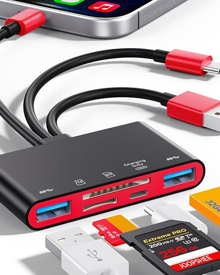 5-in-1 Memory Card Reader, USB OTG Adapter & SD Card Reader for i-Phone/i-Pad, USB C and USB A Devices with Micro SD & SD Card Slots, Supports SD/Micro SD/SDHC/SDXC/MMC(BlackRed)